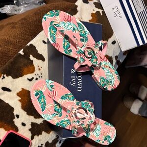 Crown & Ivy Pink and Green Leaf Print Sandals
